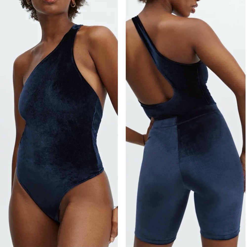PLUS Fabletics NWT Gigi Velour Deep Blue One Shoulder Snap Closure Body Suit XXL